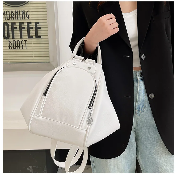 Casual Soft Leather Women Backpacks Fashion Solid Color Zipper Design Student Schoolbags Portable Travel Backpack