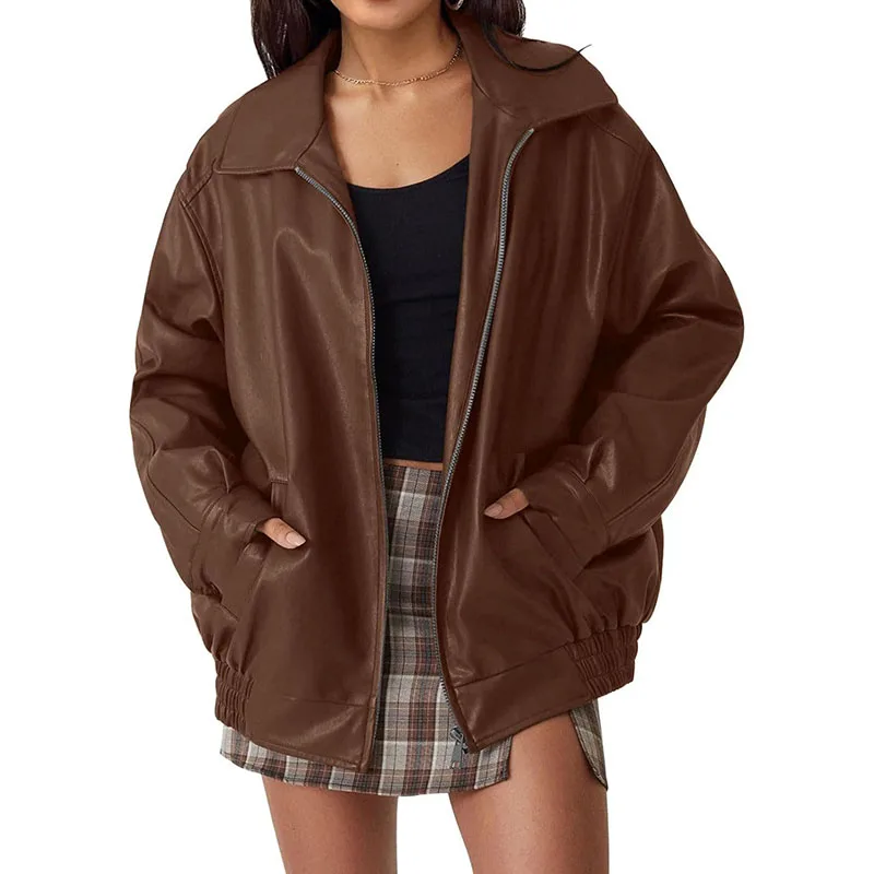 Autumn Winter New Streetwear Fashion Motorcycle Leather Jacket For Women Loose Lapel Solid Color Zipper Cardigans Pockets Coats