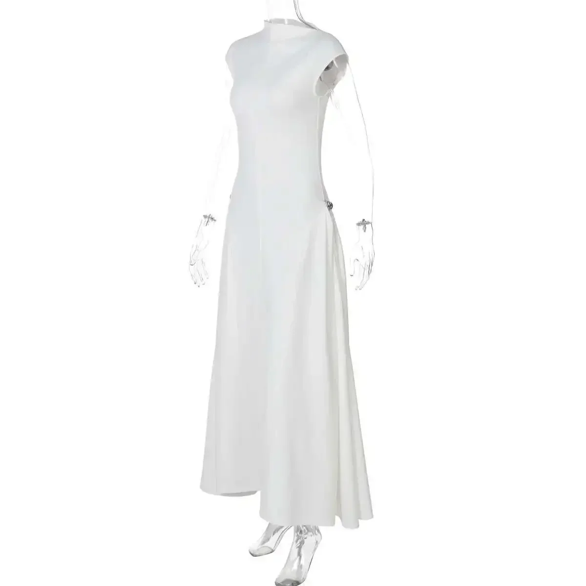 Sommerliches, neues, ärmelloses Damenkleid in Uni-Farbe, tailliert, lässiges Midikleid – Detail 20