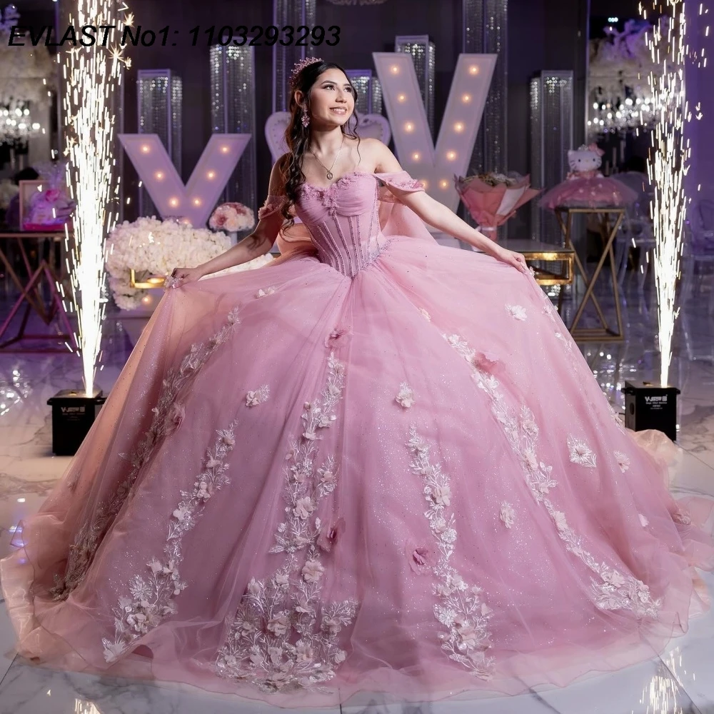

EVLAST Customized Mexican Pink Quinceanera Dress Ball Gown Floral Applique Beading Bow Sweet 16 Vestidos De 15 Anos E1QN795