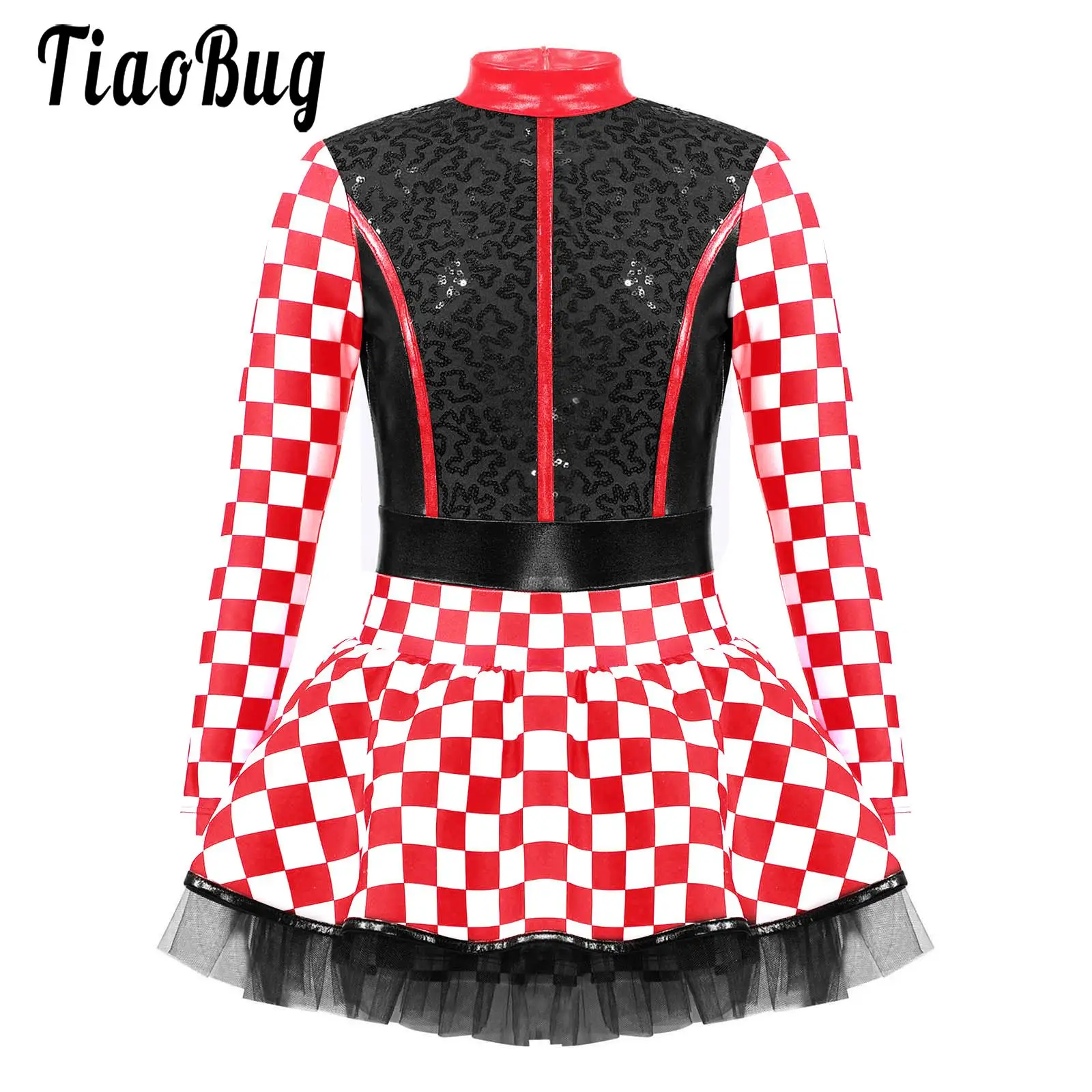 Kids Girls Race Car Driver Costume Racing Long Sleeve Sequin Checkerboard Tulle Tutu Dress for Halloween Cosplay Party Carnival