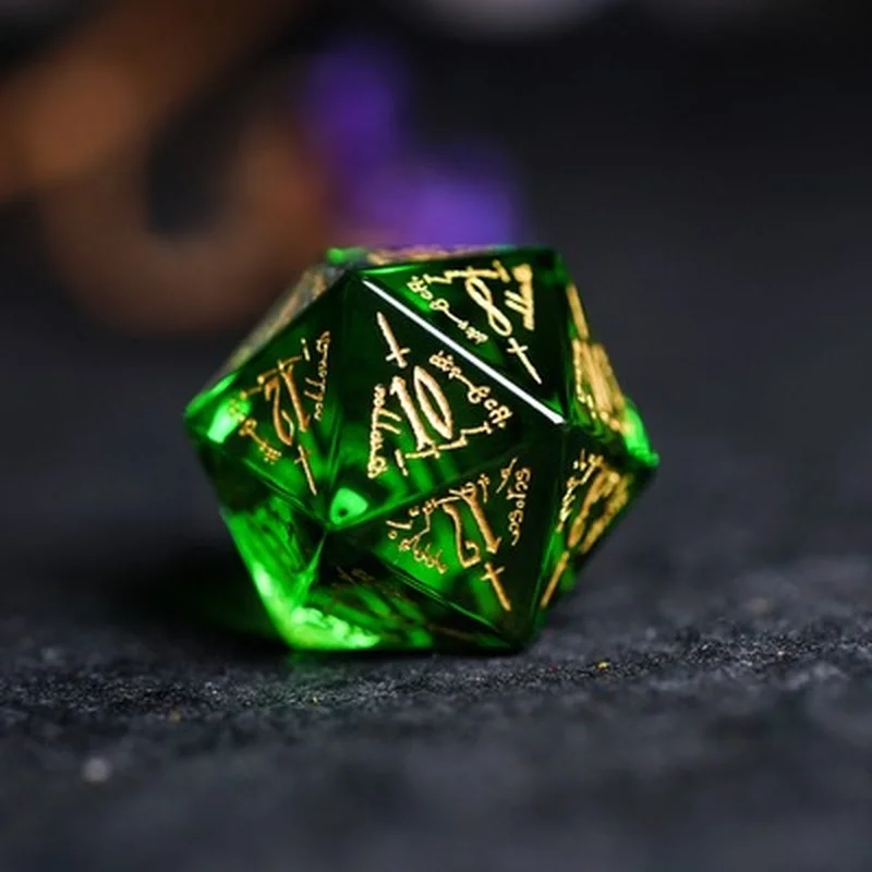 Handmade Engraved Logo D20 Dice Natural Gemstone Beads Crystal Elves-Words DND Dice RPG COC D&D Board Games Dice Birthday Gifts