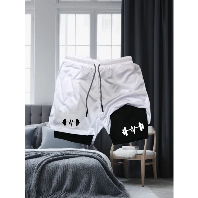 

Мужские спортивные быстросохнущие двухслойные шорты с новым принтом в виде гантелей, подходят как для мужчин, так и для женщин