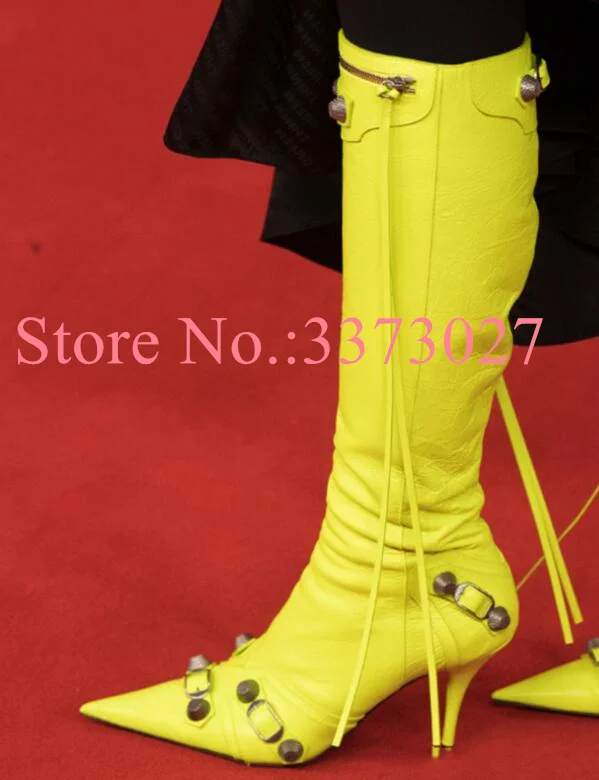 Fluorescent Green Studs Lady Near the Knee Boots Sexy Stiletto Heel Pointed Toe Tassel Long Boots Woman Fashion Party Shoes