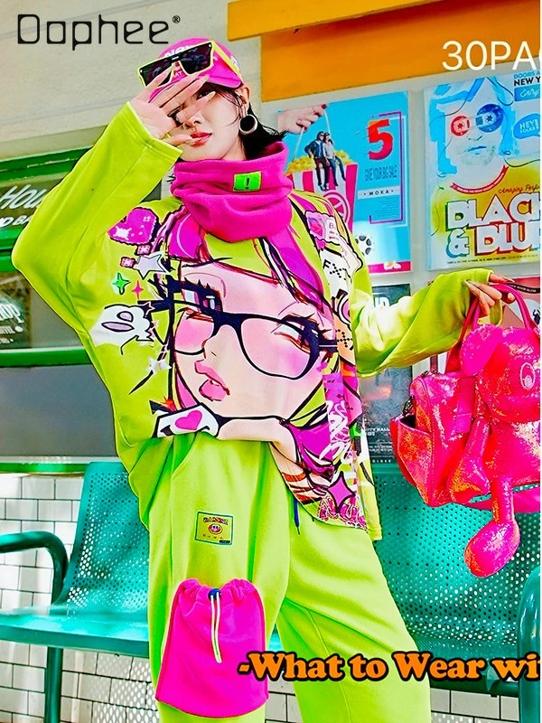 

Флуоресцентная зеленая флисовая повседневная футболка с принтом «Девушка в очках» и мультяшным узором, свободная спортивная базовая футболка, новинка весны 2026