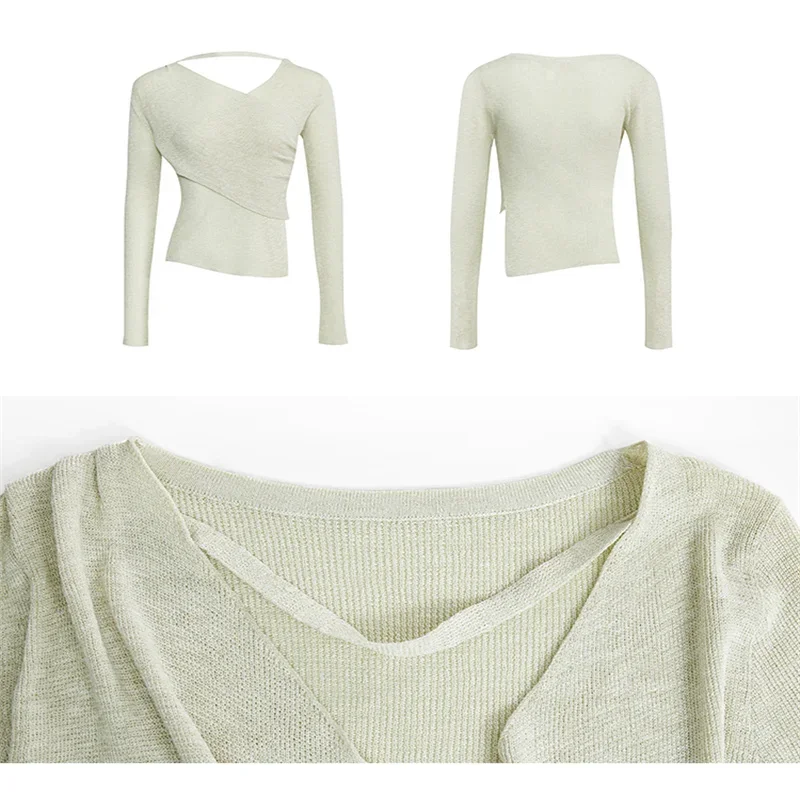 EGGKA Autumn V Collar Knitted Tops Women Casual Solid Knitwear Strap Design Slim Long-sleeve Shirts Korean Fashion Knit T-shirts