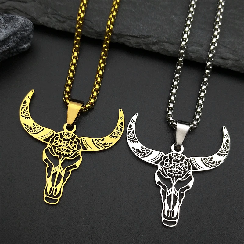 Hohl Rinder Bull Halsketten Für Frauen Männer Edelstahl Gold Silber Farbe Böhmen Tier Kopf Männliche Kette Schmuck Geschenke – Detail 5