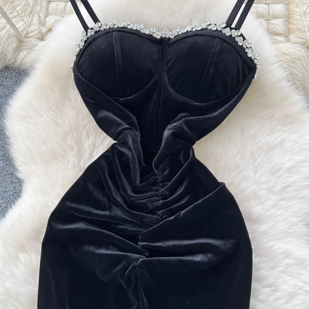 Robe crayon fendue en velours, Sexy, chic, sans manches, strass, mode coréenne, vêtements de soirée pour femmes