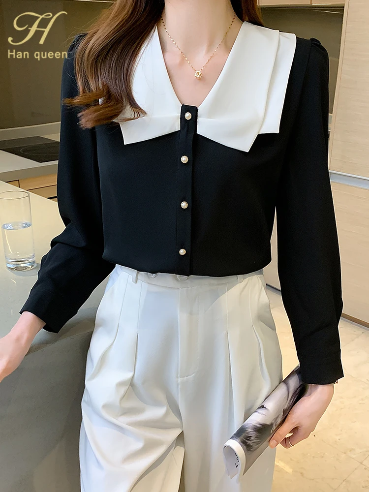 H Han Queen Simple Autumn Elegant Single-Breasted Blouses Womens New Korean Loose Casual Vintage Shirts OL Office Wear Work Tops