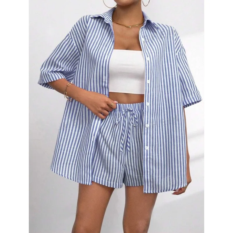 

Women's Summer Casual Striped Print Two-piece Set Fashion Lapel Single Breasted Shirt+shorts Pant Suit Ladies Streetwear Outfit