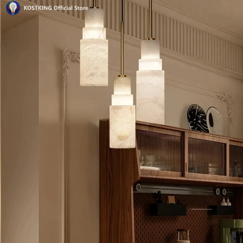 

Spanish Natural Marble Pendant Light Triple-Head Brass Dining Table Bar Bedroom Bedside Lighting Translucent Stone Home Lamp