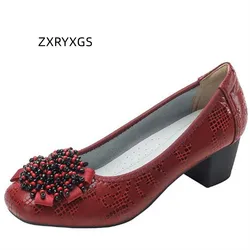 ZXRYXGS 2024 Classic Bow Flower Beaded Printed Genuine Leather Shoes Women High Heel Shoes Fashion All-match Soft Sole Plus Size