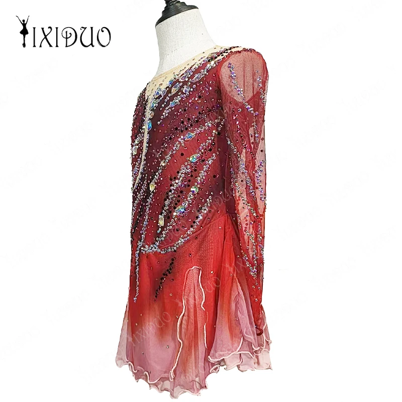 Customization 2024 New Women Figure Skating Dress Artistic Gymnastics Red Bright Rhine-drill Net Long Sleeve for Child Girl Skir