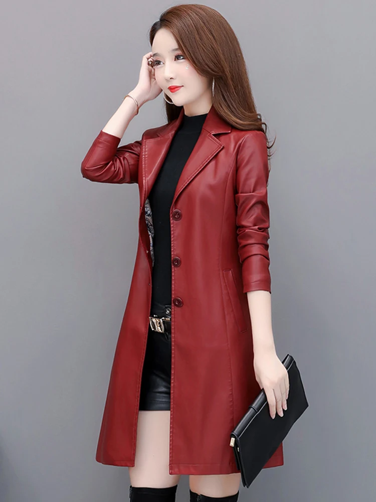 New Women Spring Autumn Leather Coat Fashion Turn-down Collar Single Breasted Slim Sheepskin Coat Split Leather Black Jacket