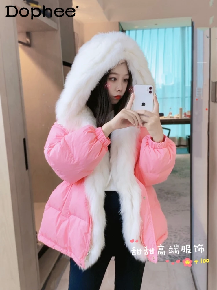 

Fashion Sweet Pink Mid-Length Fox Fur Down Coats Women 2023 Autumn and Winter New Thicken Slim Fit Hooded Puffer Jacket Female