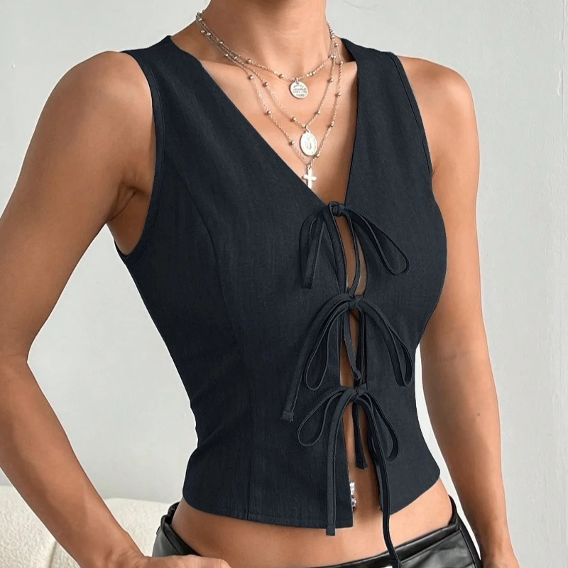 Autumn New Product V-neck Vest with Drawstring Women's Slimming Look Sleeveless Short Top Suitable Commuting Going Gatherings