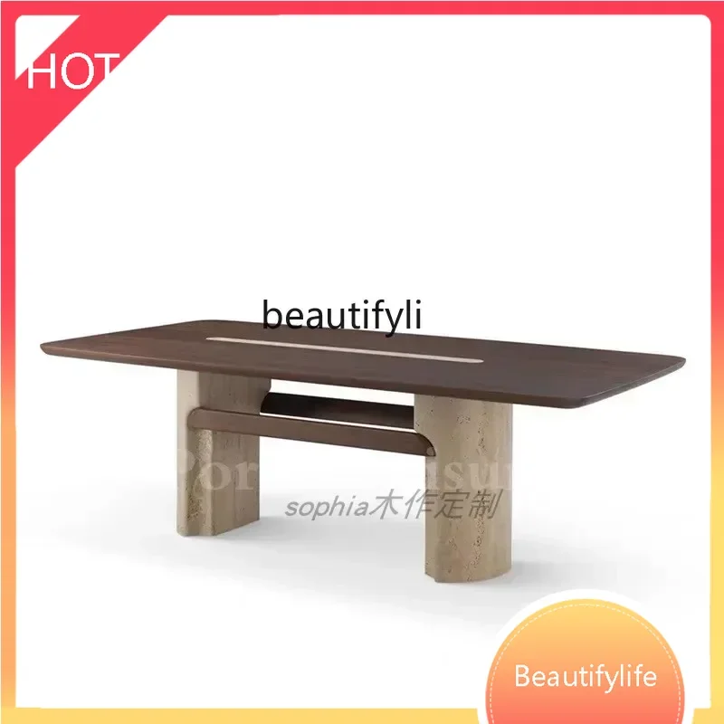 

a029 French light luxury solid wood dining table designer style antique minimalist travertine rectangle