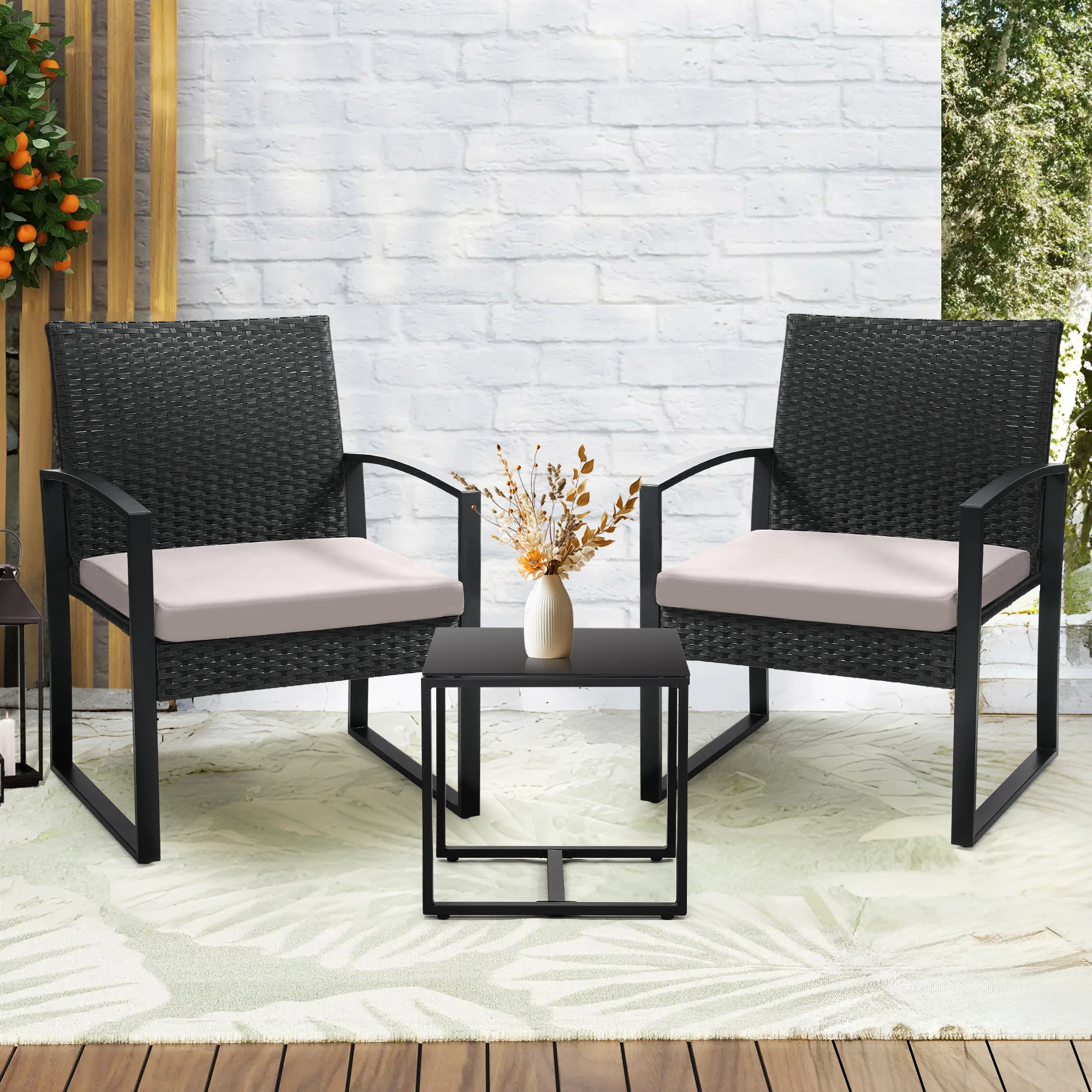 3 Piece PE Rattan Dining Set, Indoor Small Dining Table and 2 Armchairs with Cushions, Modern Wicker Dining Furniture for Kitchen Balcony