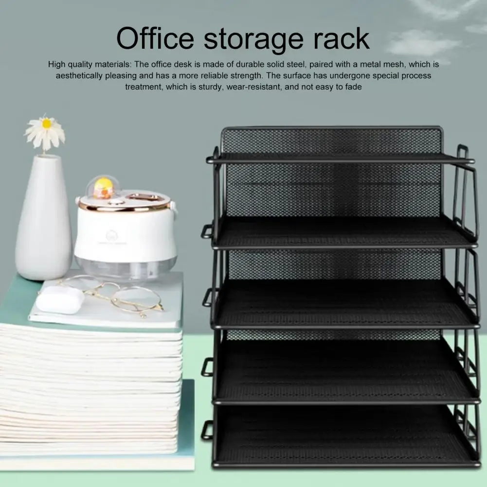 4-Tier 35*25cm Office Storage Rack With Pen Holder Metal Mesh Desktop Organizer File Stand File Manager Table Desk Accessories