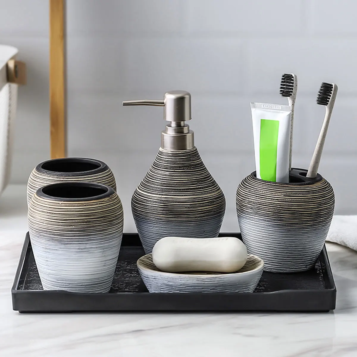

5Pcs Ceramic Bathroom Set Gargle Cup Toothbrush Holder Soap Dish Travel Accessories Eco Friendly Gifts