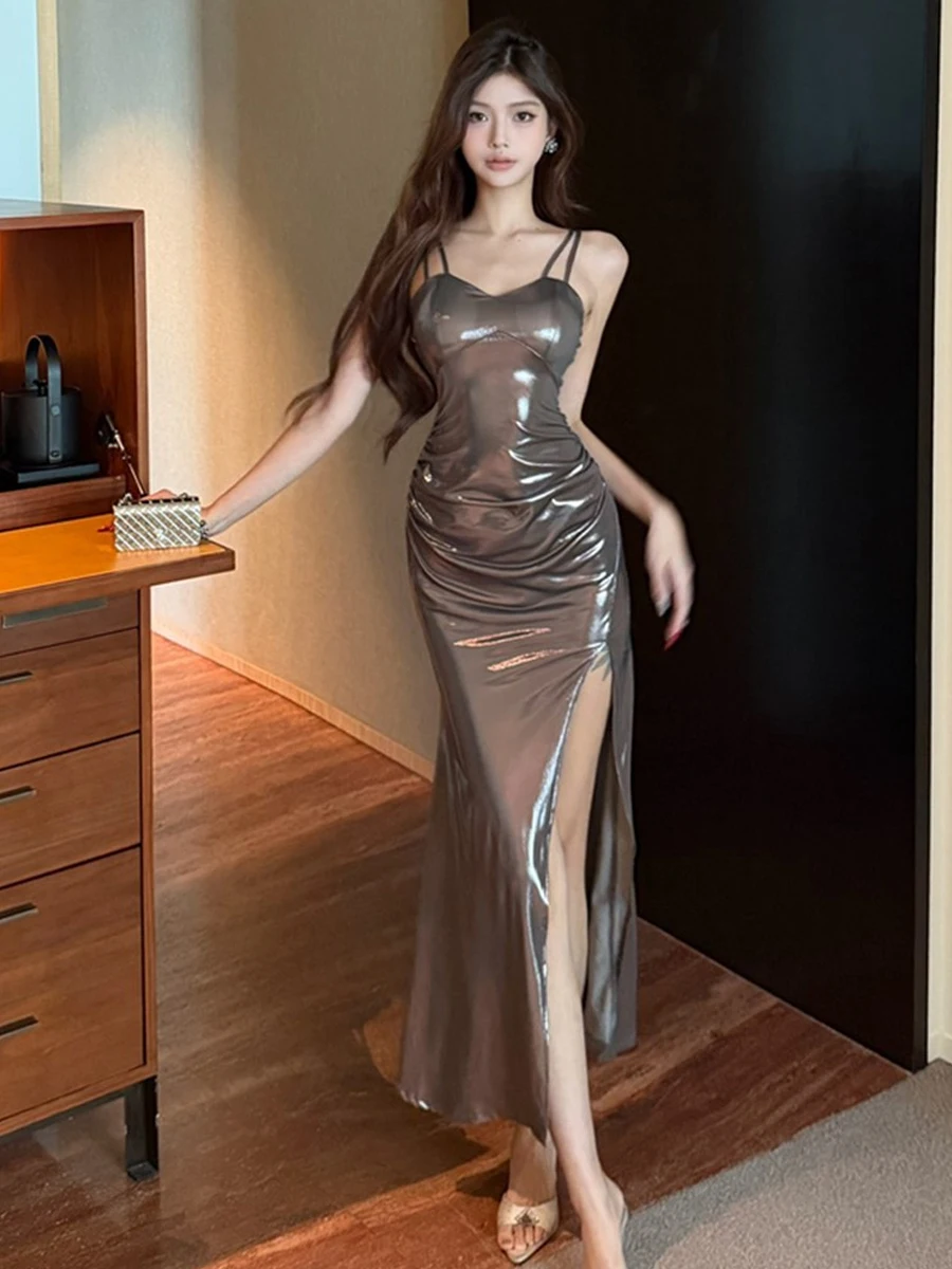 

Vintage Luxury Metallic Silver Slip Dress For Women Sexy Ruched High Slit Maxi Club Party Event Formal Gown Formal Prom Vestidos