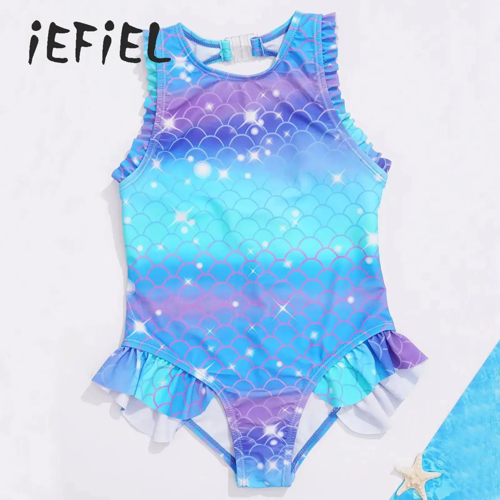 

Little Girls One-piece Swimwear Fish Scales Mermaid Swimsuit Cute Ruffle Flounce Sleeveless Pool Bathing Suit Athletic Beachwear