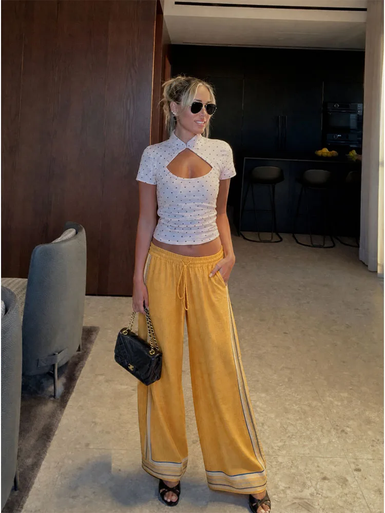 

HH Women Summer Spring Effortless Chic White Polka Dot Tube Top Spring Mustard Drawstring Wide Leg Pants Co Ord Lightweight Set
