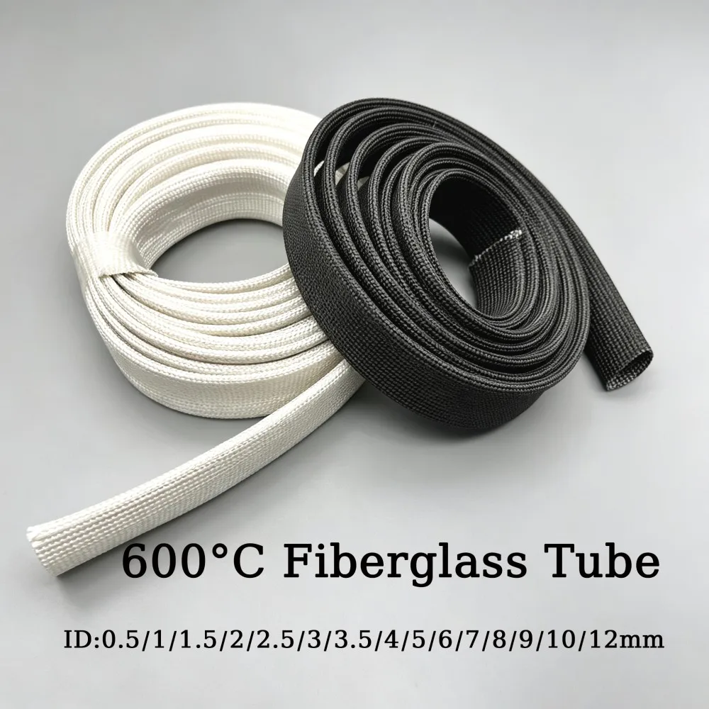 Black/White ID 1mm ~ 12 mm Braided Fiberglass Sleeve 600 Deg.C High Temperature Chemical Glass Fiber Tube Fiberglass Sleeving