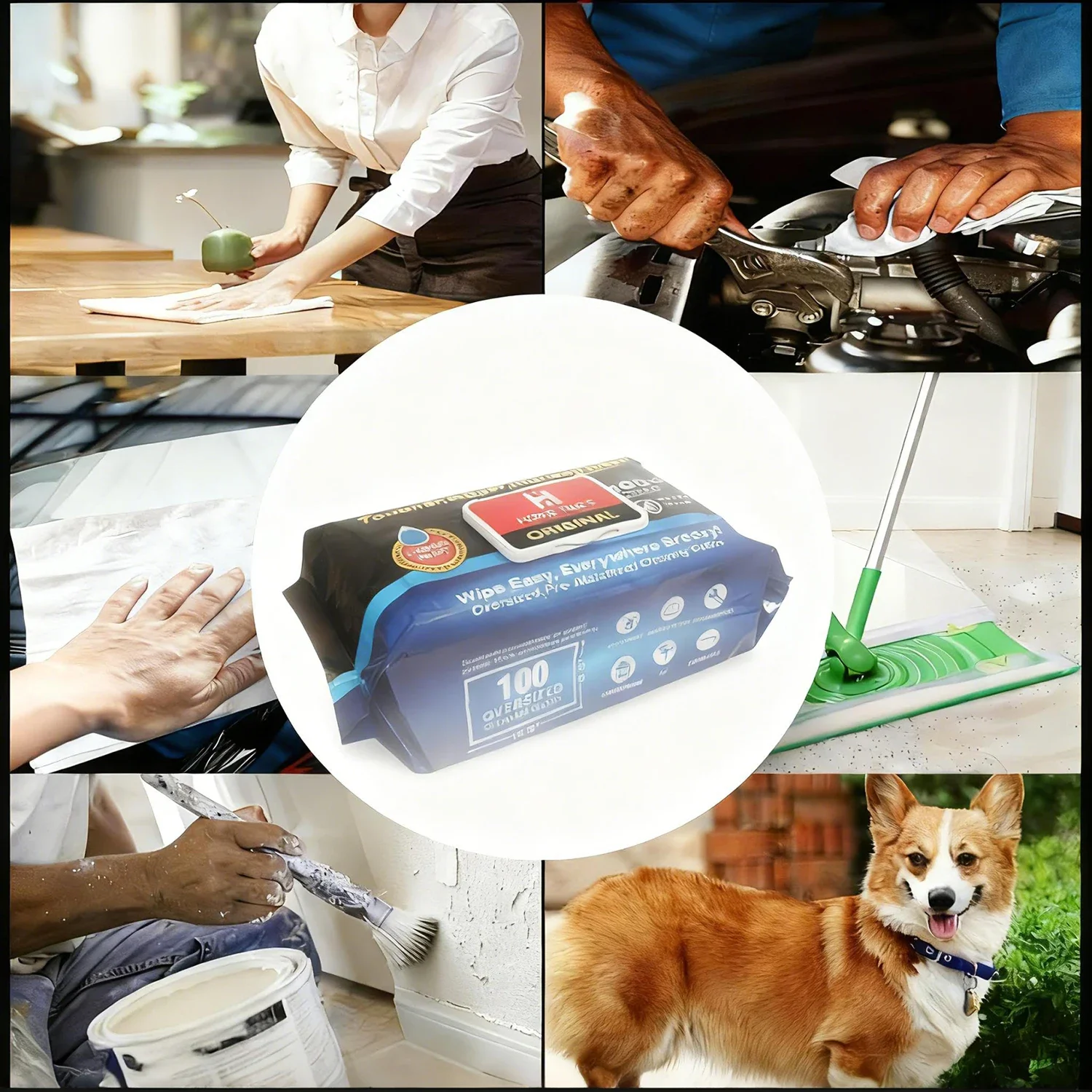 

Multi-purpose cleaning wipes, 100 sheets per pack, effectively remove oil stains, adhesive residues and various types of dirt