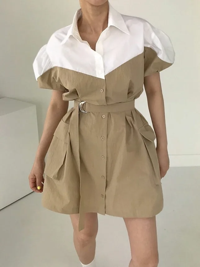 Vestido de manga corta con cuello tipo  para mujer, falda con cinturón y empalme a cuadros, estilo de viaje, moda de ...