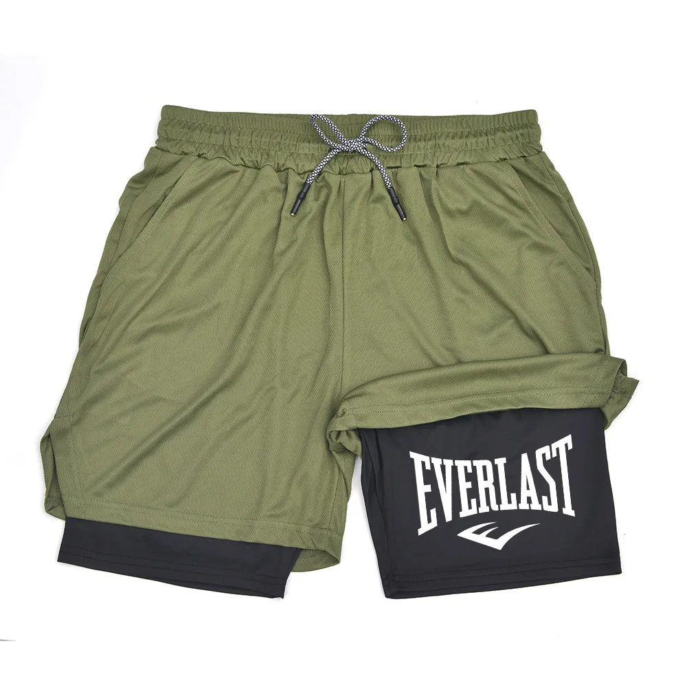 شورت رياضي مضغوط للرجال، سروال رياضي مطبوع EVERLAST، طبقات مزدوجة، سريع الجفاف، كرة السلة، شورت كاجوال للياقة العضلات