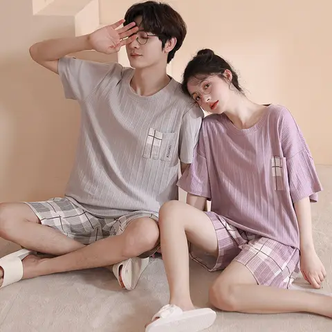 남녀공용 여름 짧은 수면 상의 및 바지 코튼 잠옷 세트, 만화 홈웨어, 커플 잠옷