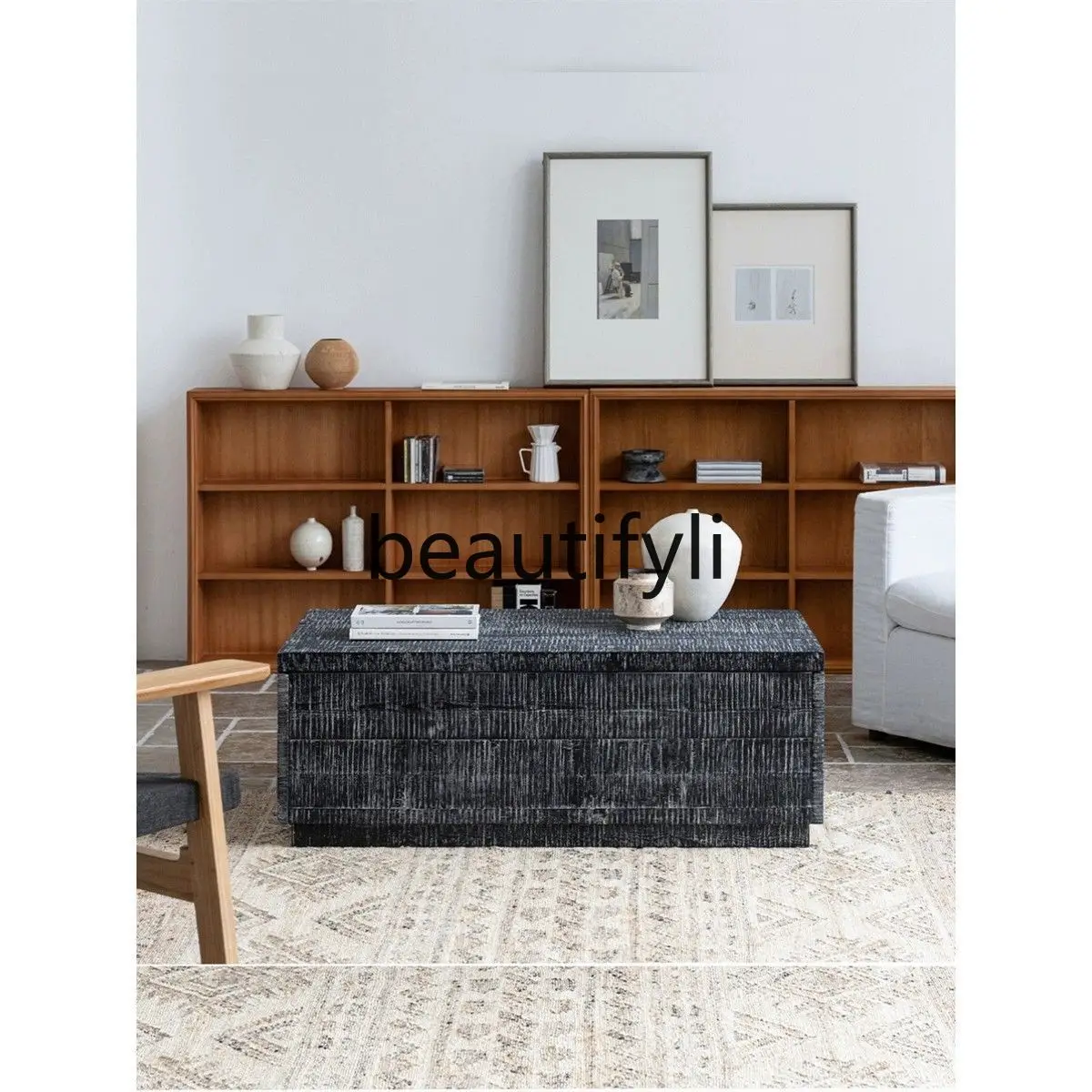 Marcas de sierra, mesa de centro baja antigua con cajones, mesa de té rectangular de almacenamiento de madera totalmente maciza, mesa de té sencilla retro para sala de estar