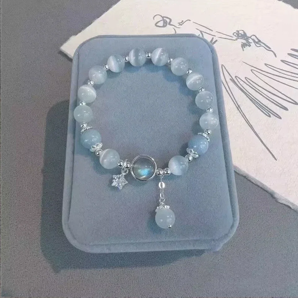 

Dreamy Blue Moonstone Cat Eye Pendant Crystal Bead Bracelet Elegant Party Jewelry Gift For Women