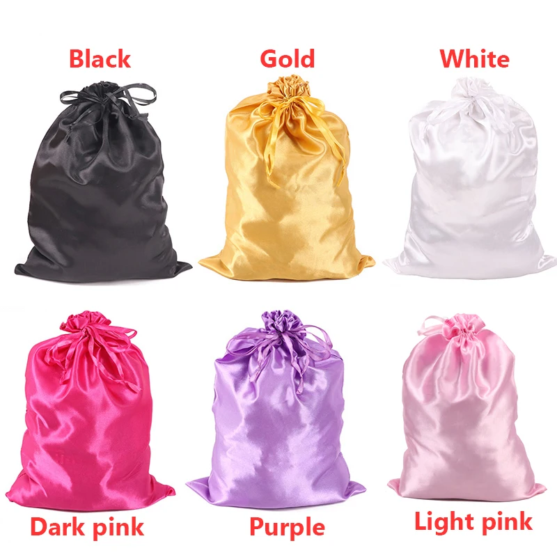 Sac en satin noir pour l'emballage des cheveux, sac à cordon de proximité pour perruques, sac de rangement violet pour les affaires, sac cadeau anti-poussière, 25x35cm, 1PC, injSatin