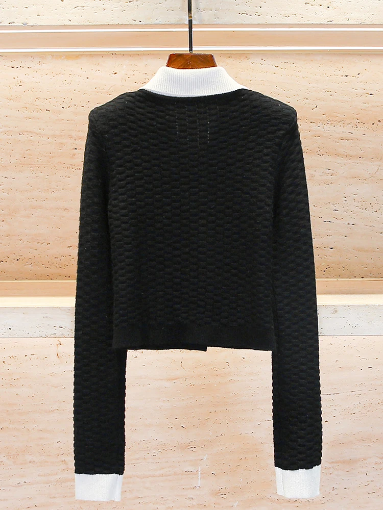 

High-End Early Spring Knitted Cardigan Sweater Jaet Collar Cla Color Design Regular Fit Long Sve ort Length