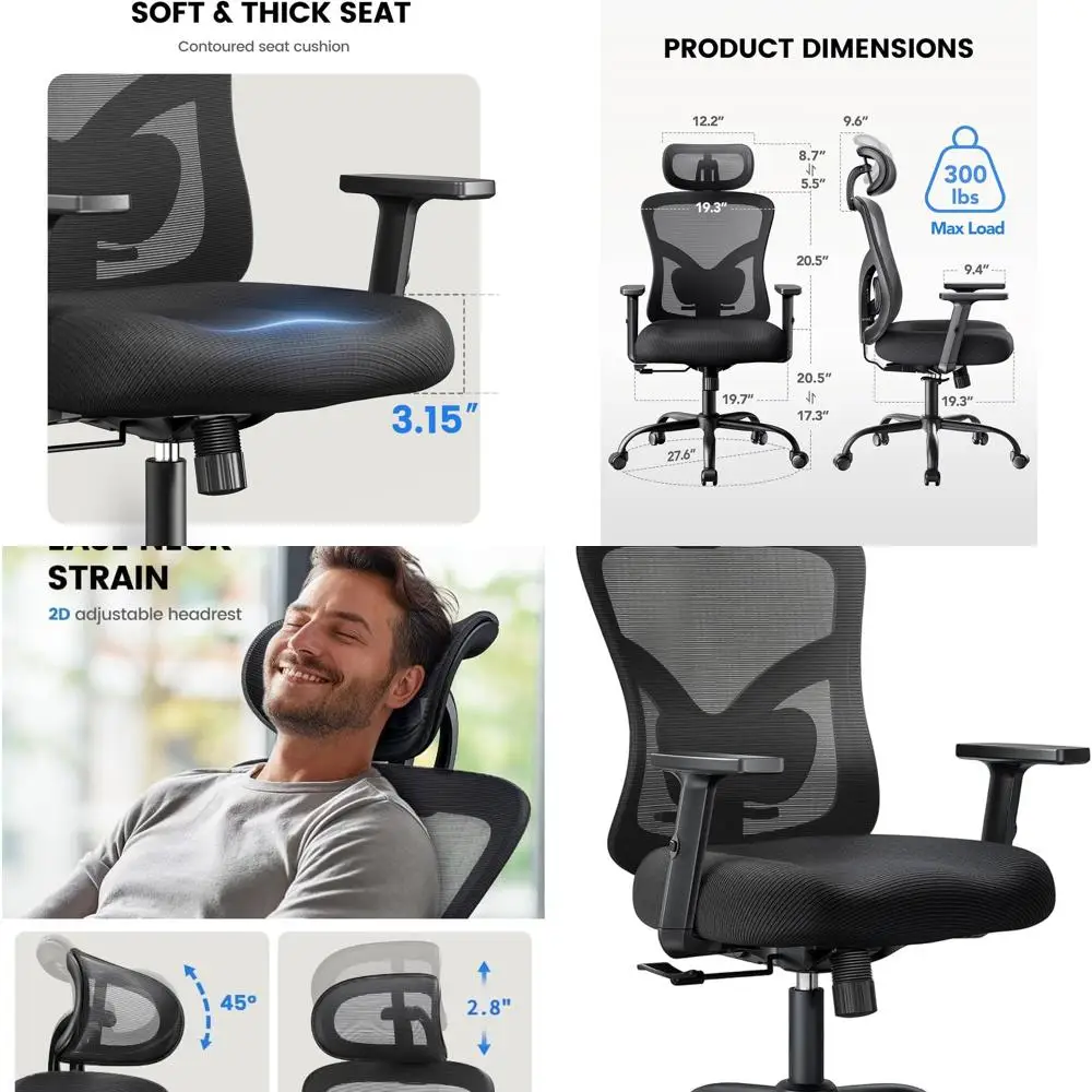 Cadeira de escritório ergonômica com apoio lombar acolchoado, encosto de cabeça 2D, apoios de braços ajustáveis, almofada de assento com contornos atualizada, 130 °   Rocki