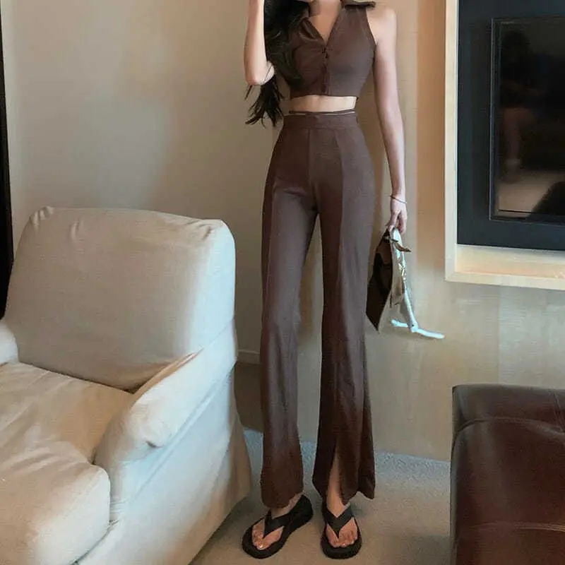 2022 Summer New Sleeveless Vest V Neck Top Zipper High Waist Casual Long Pants Two Piece Set Thin Solid Color Slim Fashion Suit