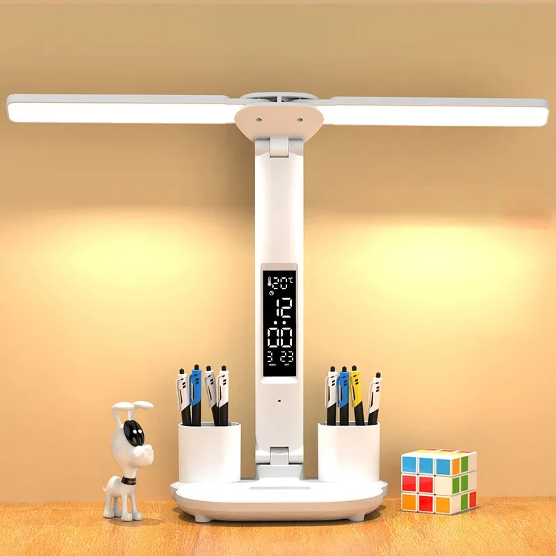 

Table Lamp LED Double-headed Multifunction Foldable Touch With Calendar Clock USB Desk Lamp For Bedroom Bedside Reading Light