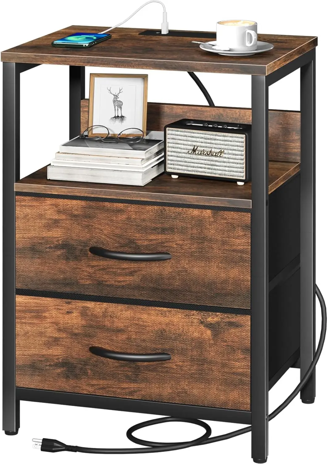 

Nightstand with Charging Station, Small Night Stand with Fabric Drawers and Storage Shelf for Bedrooms, Small Spaces