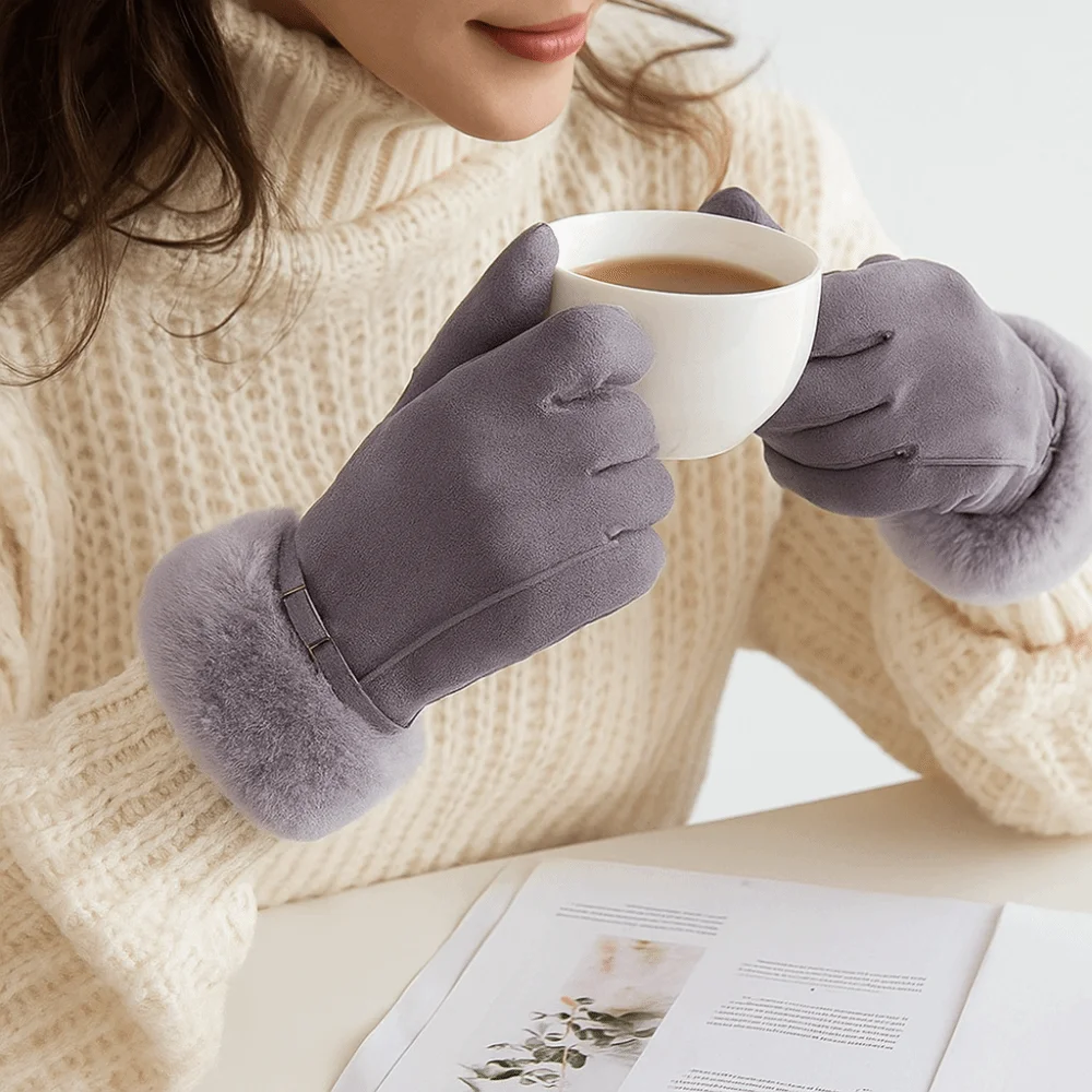 قفازات سميكة مقاومة للرياح من جلد الغزال تعمل باللمس، قفازات رياضية ناعمة لركوب الدراجات، قفازات دافئة ومريحة بأصابع كاملة للتزلج