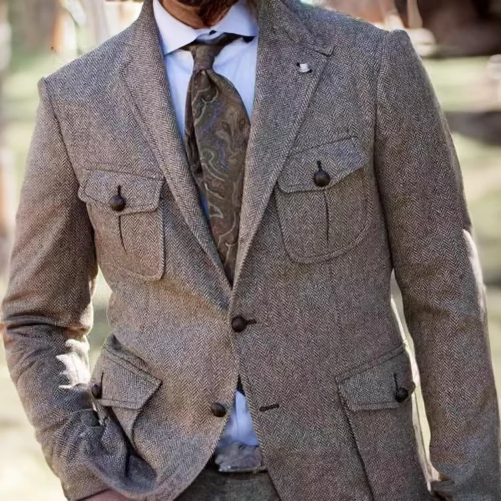 Retro Herringbone Men's Blazer Multi pocket hunting Mens Jacket Formal Office Casual Bussiness Wedding Sport Coats