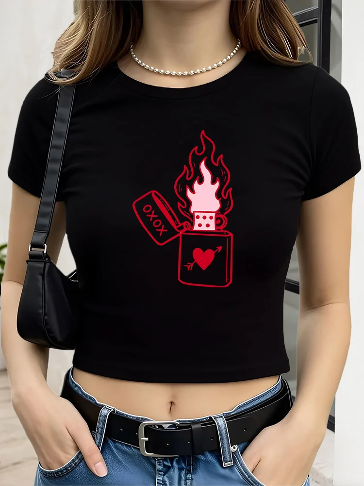 

Cigarette Lighter Women Graphic Crop Top Black Short Sleeve Slim Fit T-Shirt Basic Summer Top
