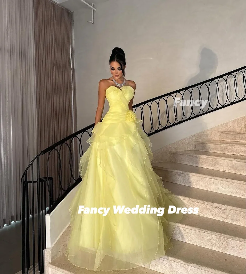 Fantaisie élégante jaune une ligne robe de soirée Organza sans manches robe de bal longueur de plancher dos Corset personnalisé