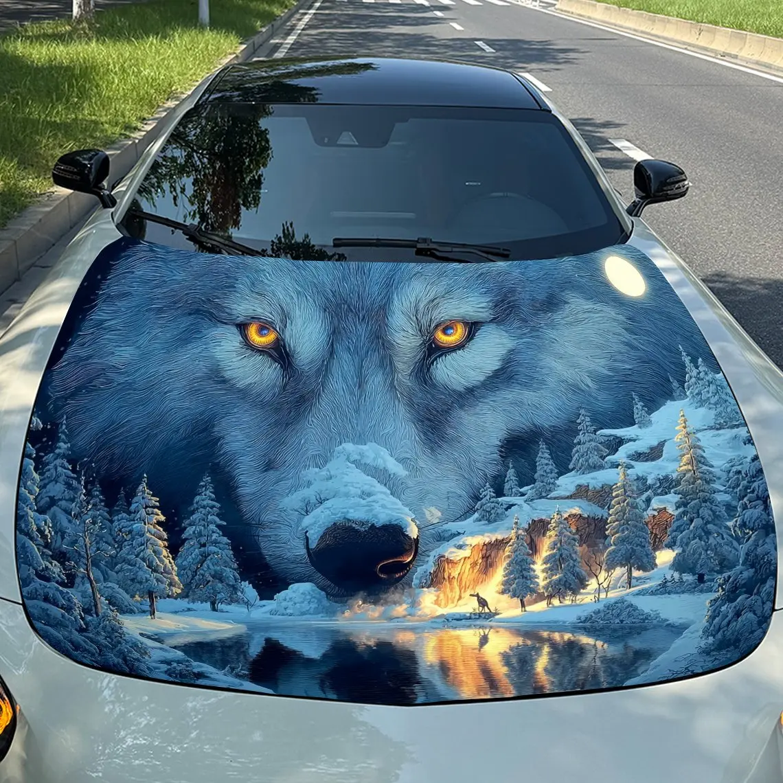 

Lake Wolf Car Hood Decal - Cool Patterns Design, Self-Adhesive PVC Sticker For Cars, Motorcycles, And Trucks, Durable And Stylis