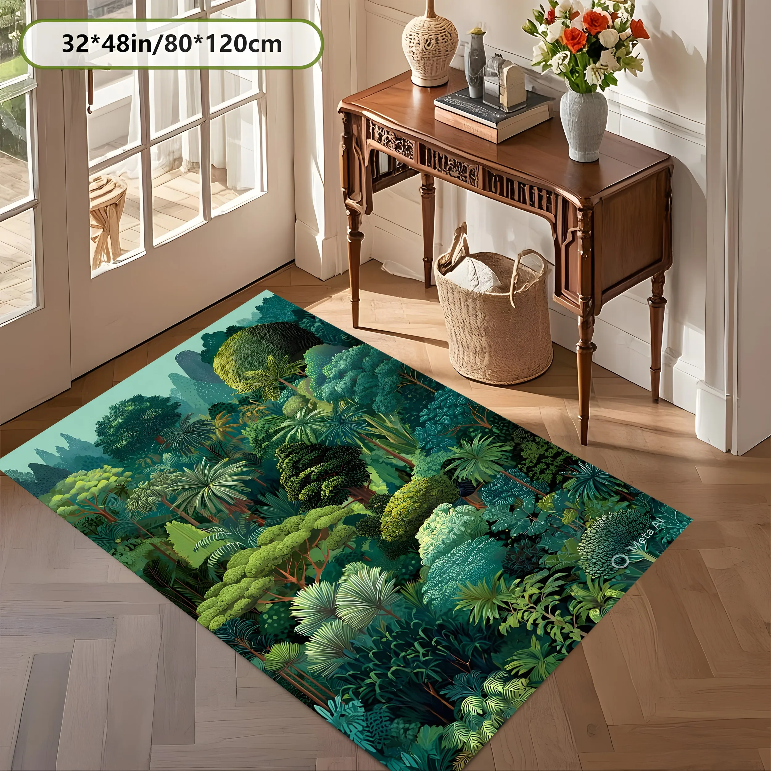 2D Carpet with Sunset Forest Illustration in a Soothing Fresh Forest Style for Living Room and Bedroom