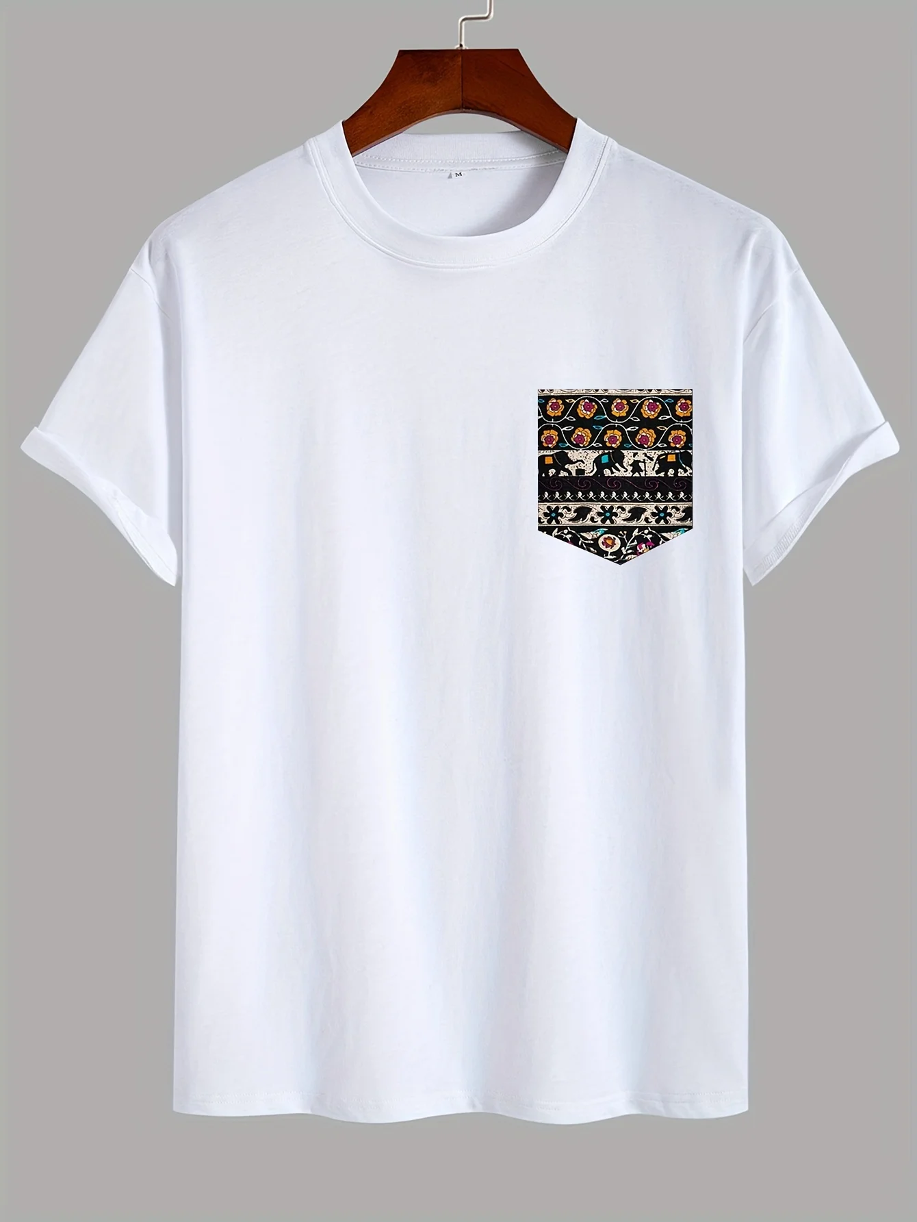 Men's 100% pure cotton fashionable casual loose ethnic style pocket pattern printed round neck short sleeved T-shirt top