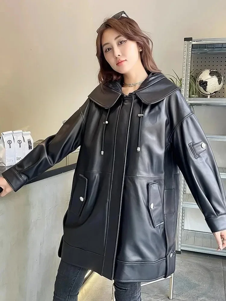 Autumn Spring New Genuine Leather Cargo Coat Women Hooded Mid Long Jacket Loose Fit Hip Hop Street Casual Sheepskin Windbreaker