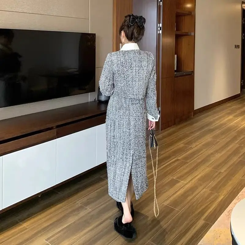 الخريف الفرنسية الراقية أنيقة الاجتماعية القوس تويد معطف قصير عالية الخصر التخسيس تنورة طويلة مجموعة قطعتين مجموعة ملابس النساء