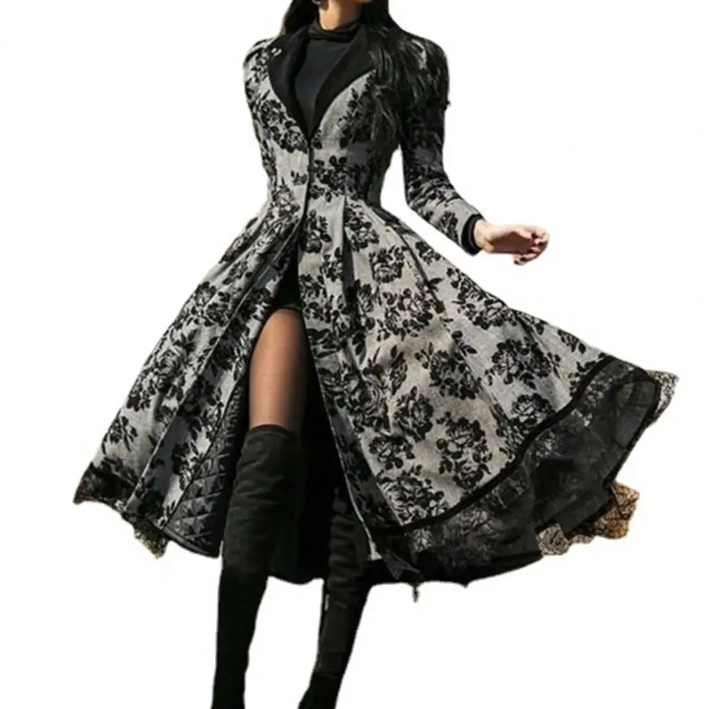 Long Sleeve Women Dresses Waist Tight Gothic Party Dress Lace Stitching Hem Floral Print Vintage Dress Medieval Costume